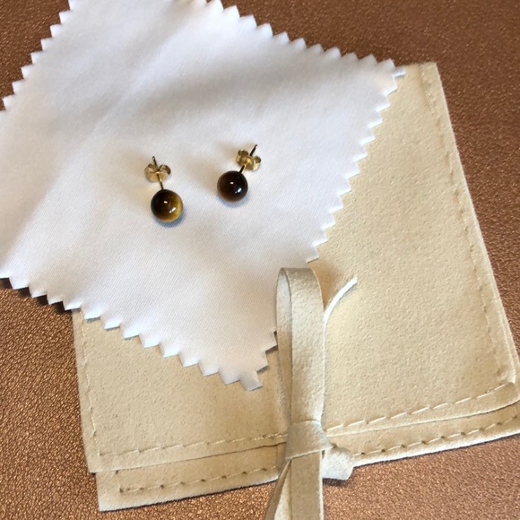 14K Yellow Gold Petite Tiger Eye Ball Earrings - NWOT - Picture 2 of 4